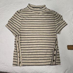 We The Free Striped Mock Neck Button Accent Short Sleeve Top S Beige Black chic
